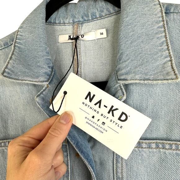 NA-KD NWT Cotton Denim Jean Belted Puff Sleeve Button Collard Denim Jumpsuit - Picture 9 of 11